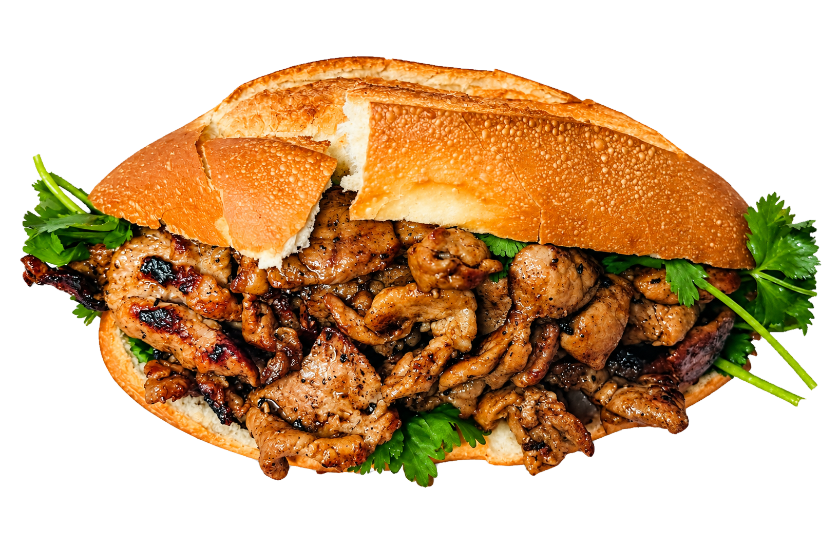 Grilled pork bánh mì with fresh cilantro