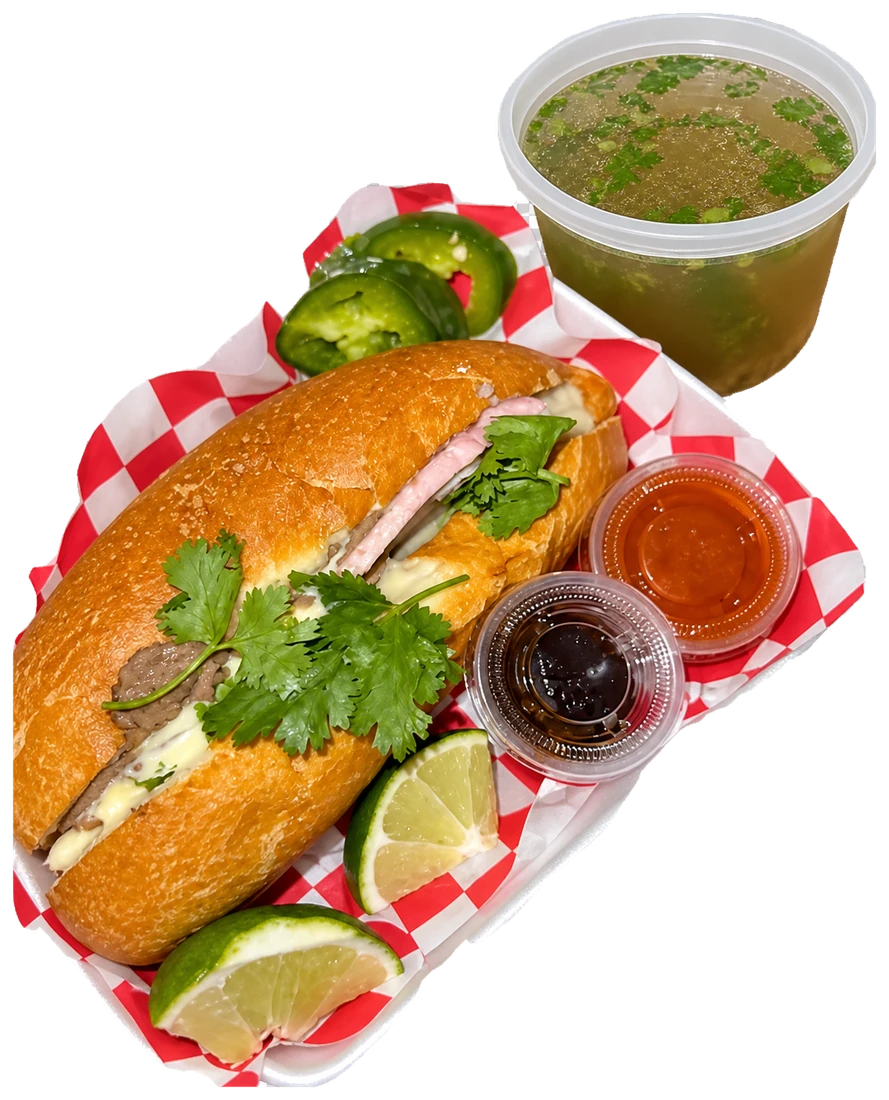 Dragon Pho Dip bánh mì with full broth cup and dipping sauces