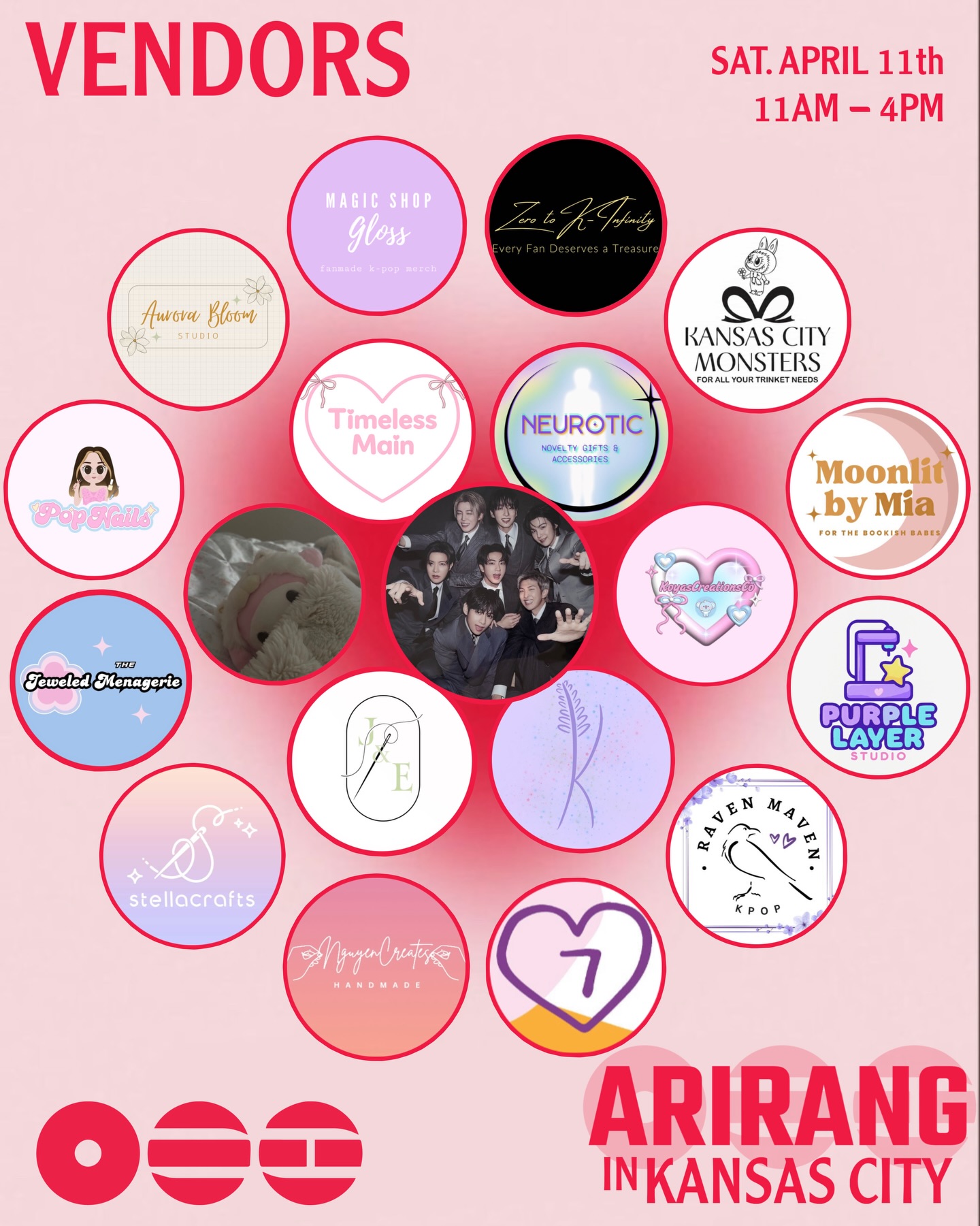 Meet our Arirang in Kansas City Vendors 🛍️

Our vendors are preparing all the cutest products for you all! I’m talking album inspired merch, apparels, accessories & more!! This will be the perfect opportunity to get yourself some merch for the tour! 

While you’re shopping with our amazing vendors, grab a bite to eat from @kimchiandbap! 🍱 They will have gimbap snack boxes + more! 
Stay tuned for our special drink menu coming soon!🧋
 
We can’t wait to see you all celebrate this amazing album together! What is your fav track from Arirang? 🪭❤️‍🔥

🗓️Saturday ~ April 11th, 2026
📍@fatbee_chouteau 
Weather permitting, we will be using the outdoor & indoor space of the cafe for this event! 
⏰11AM - 4PM

🎟️ Free event for all ages!